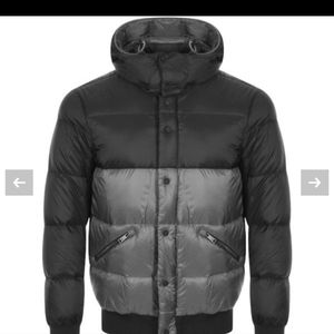 Armani two toned down filled hooded puffa jacket.